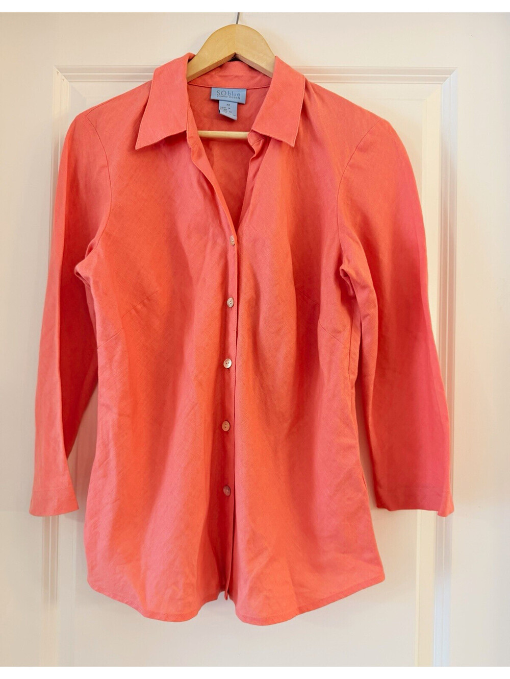 SO Blue by Sigrid Olsen M Coral 100% Linen Button-Up Shirt 3/4 Sleeve Coastal
